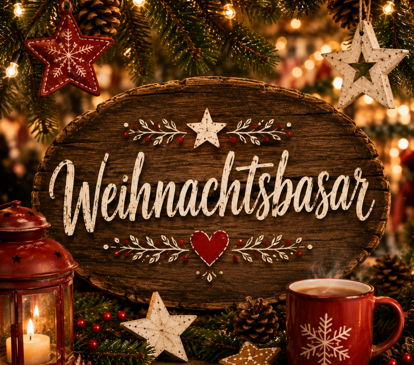 Bild zeigt Weihnachtsdekoration und ein Schild mit der Aufschrift Weihnachtsbasar